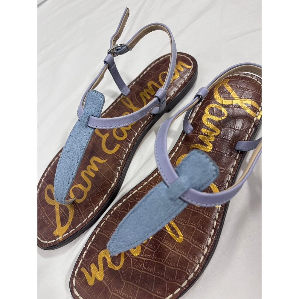 Sam Edelman Gigi Thong Sandals 7.5 Blue Breeze Calf Hair Leather T Strap Classic